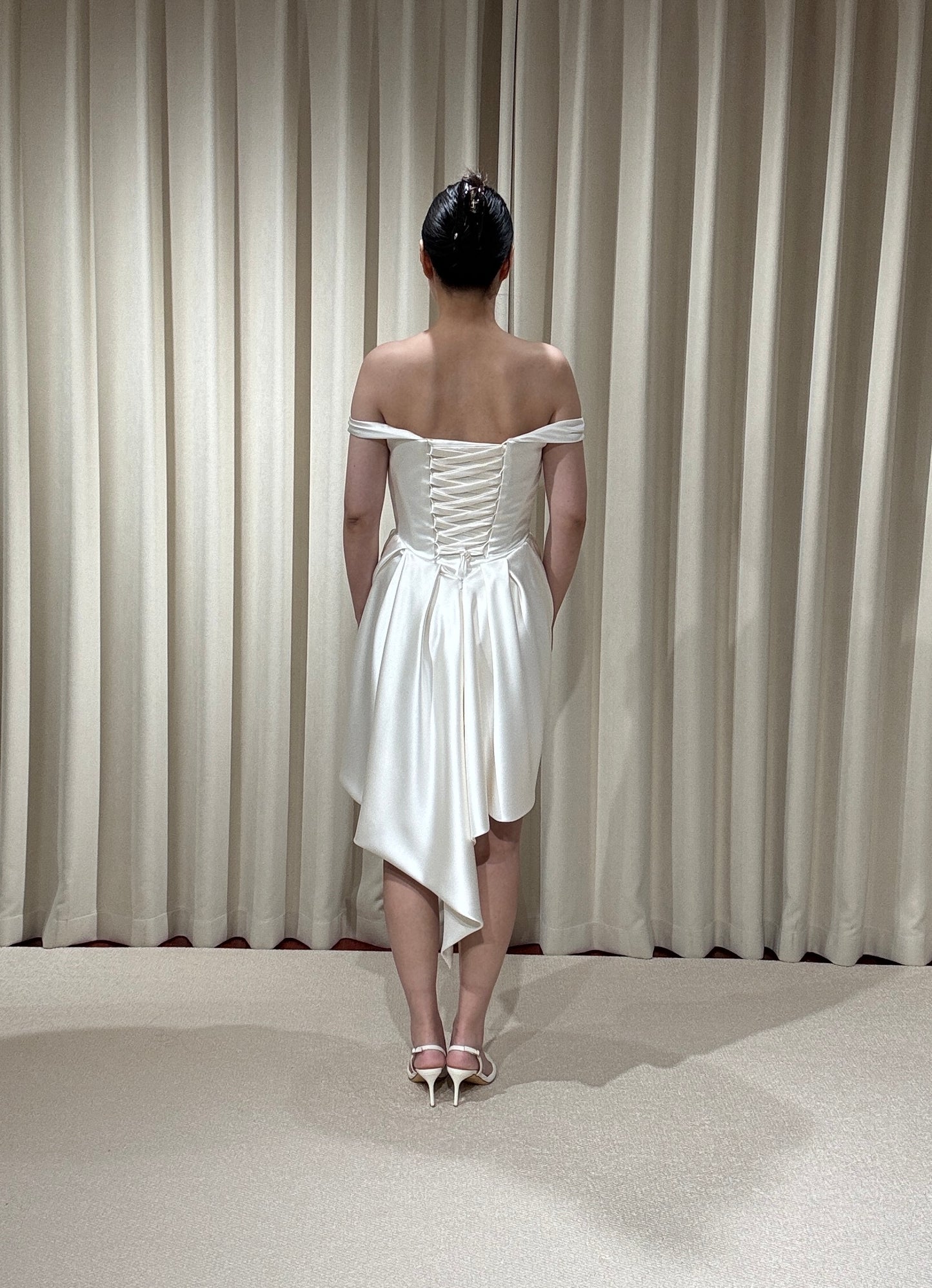 Blaire | Minimalist Off Shoulder Satin Corset Short Wedding Dress