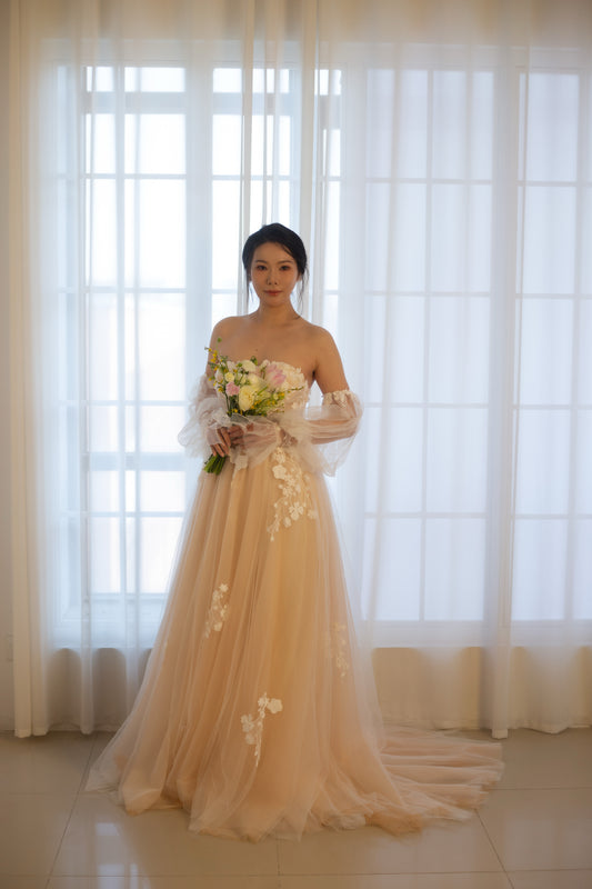 Vanessa | Floral Tulle A-Line Wedding Dress with Detachable Long Sleeves