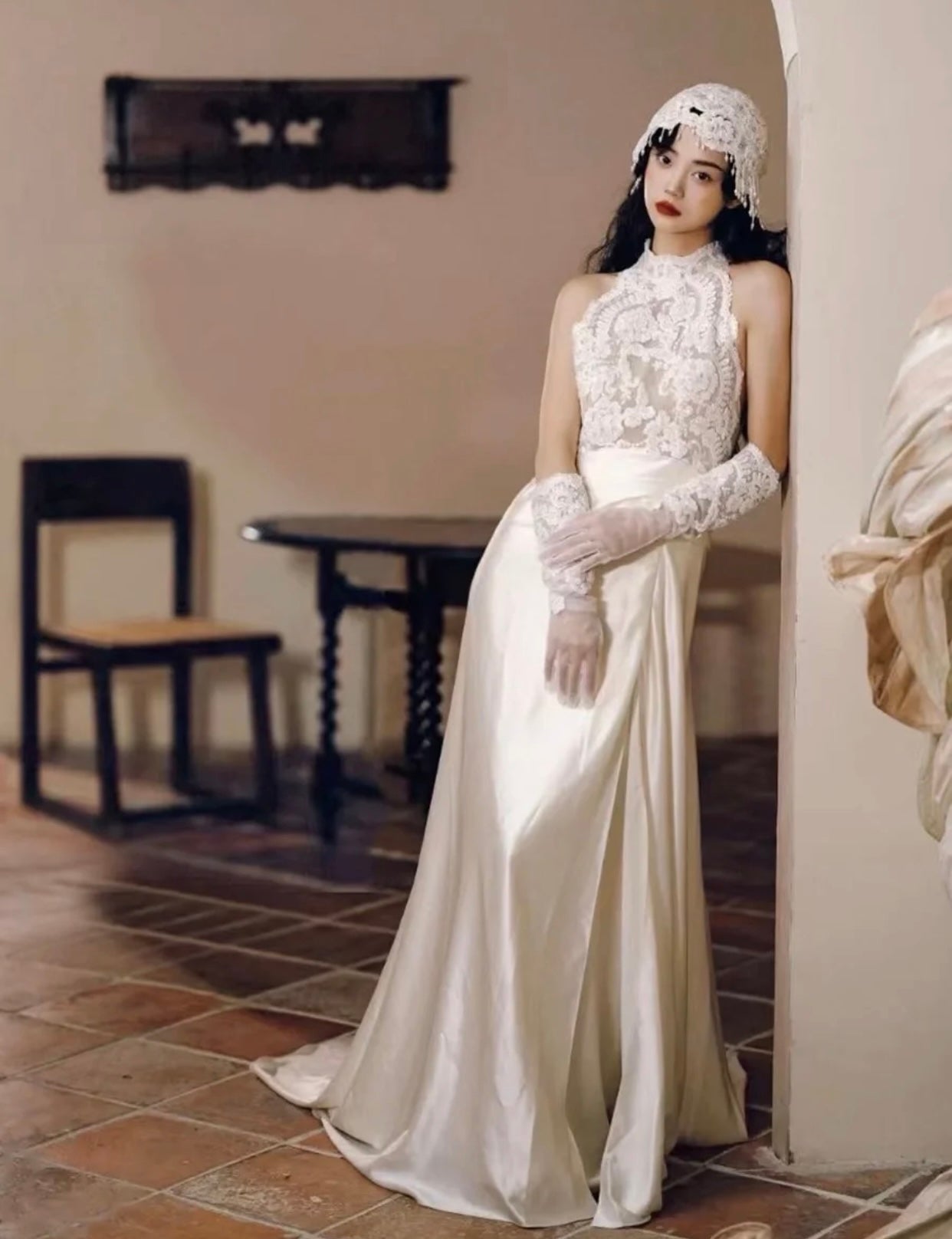 Vintage Style Halter Neck Satin Lace Modest Wedding Bridal Dress, Unique Custom Reception Elopement Gown for Courthouse Civil Wedding