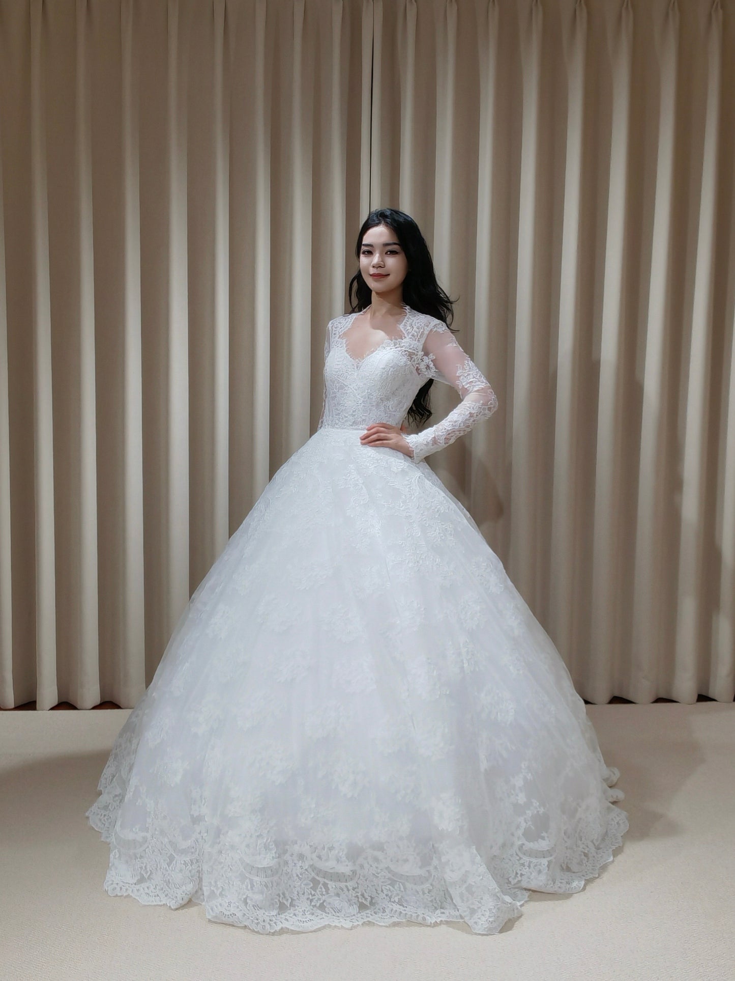 Susie | Long Sleeve French Lace Ball Gown Wedding Dress