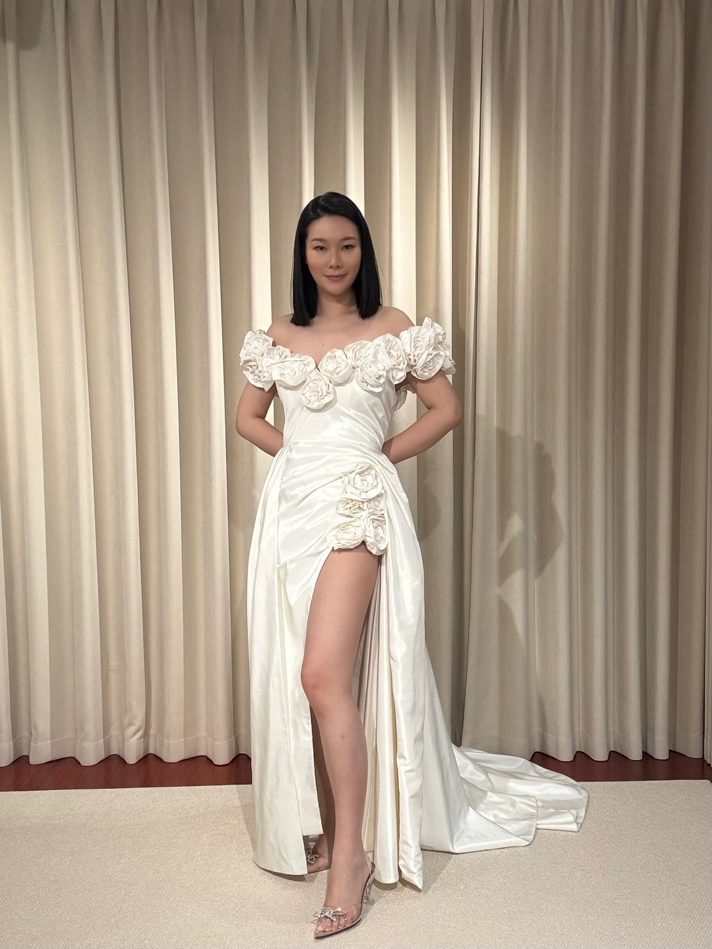 Margott | Off-the-Shoulder Taffeta Wedding Dress with 3D Floral Detail & Front Slit