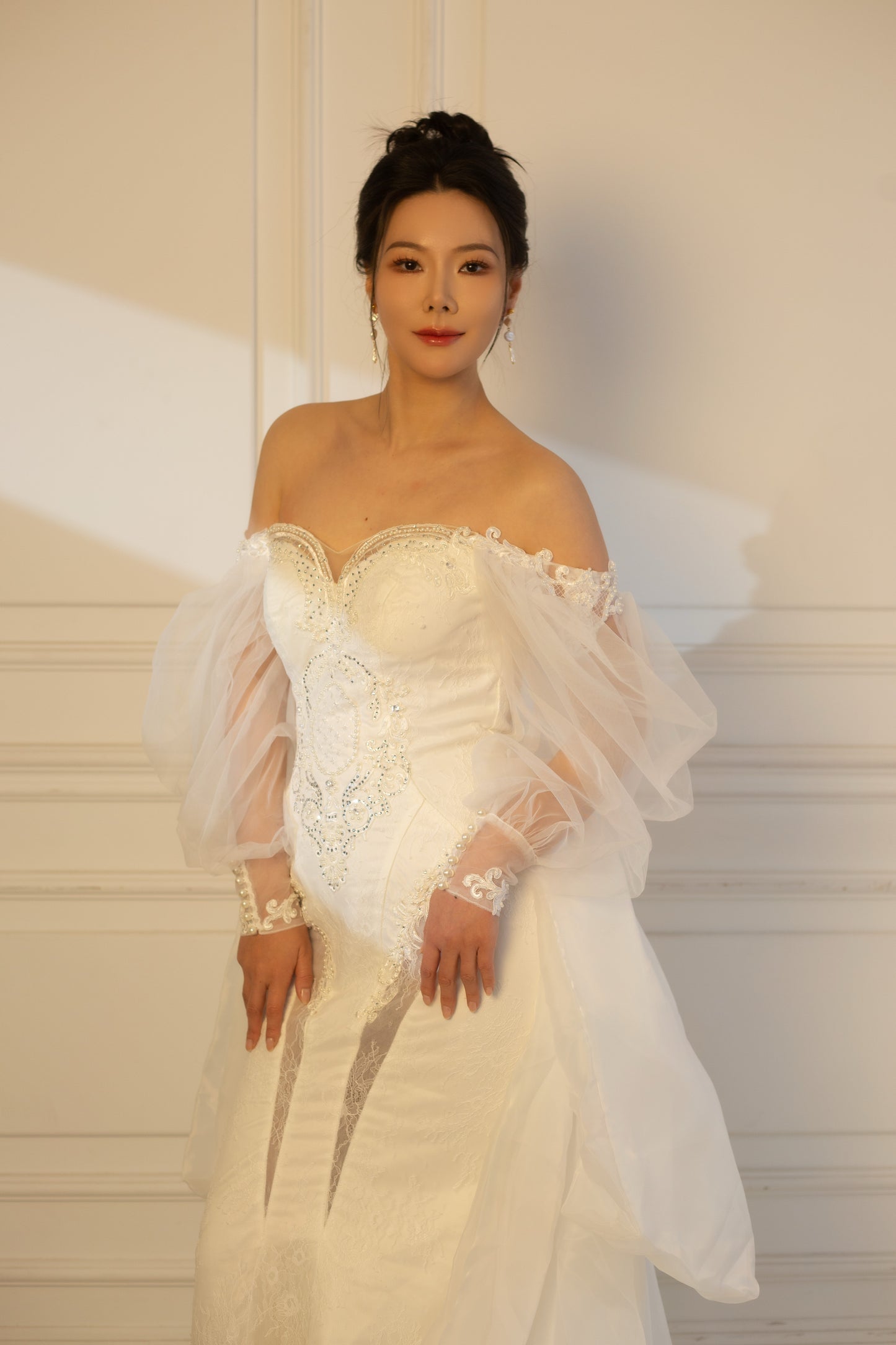 Nova | Long Sleeve Off the Shoulder Lace Mermaid Wedding Dress with Detachable Train
