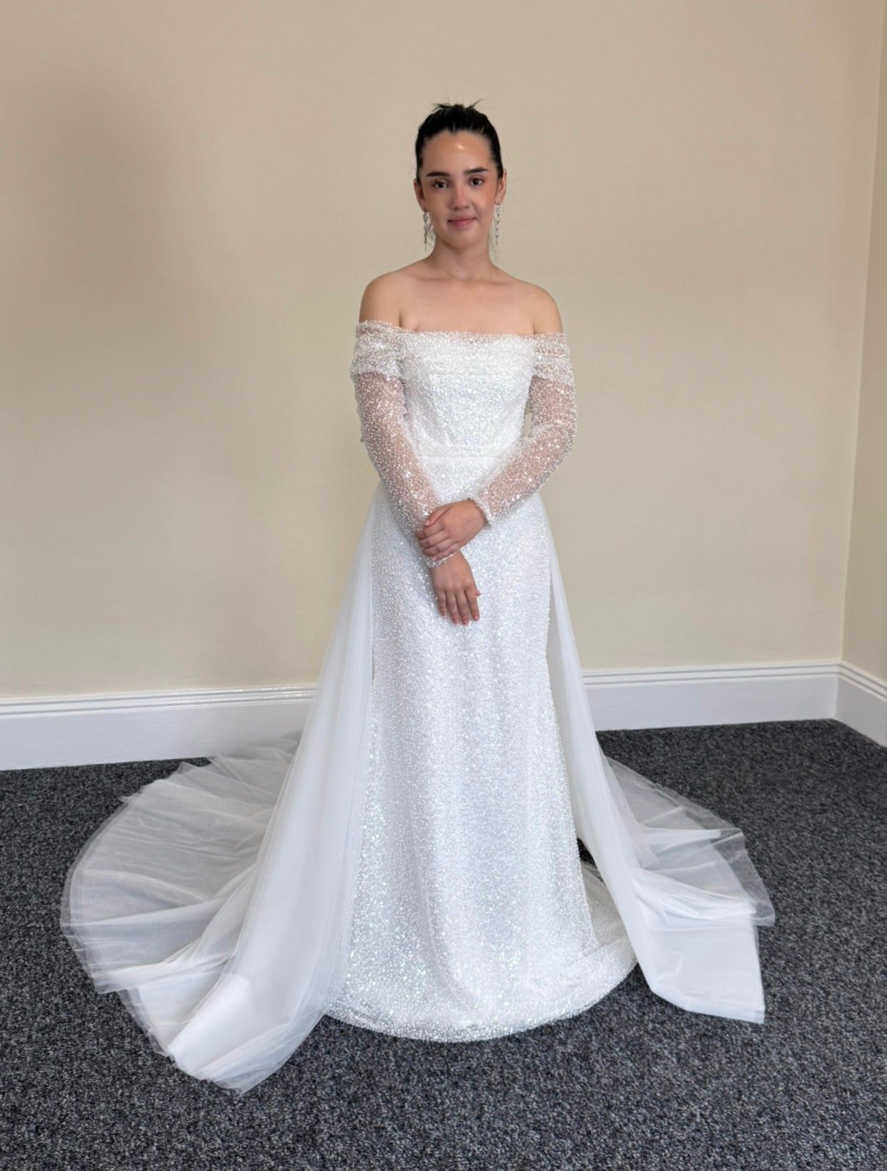 Gloria | Off the Shoulder Long Sleeve Corset Mermaid Wedding Bridal Dress with Detachable Train, Custom sparkling reception dress, courthouse wedding