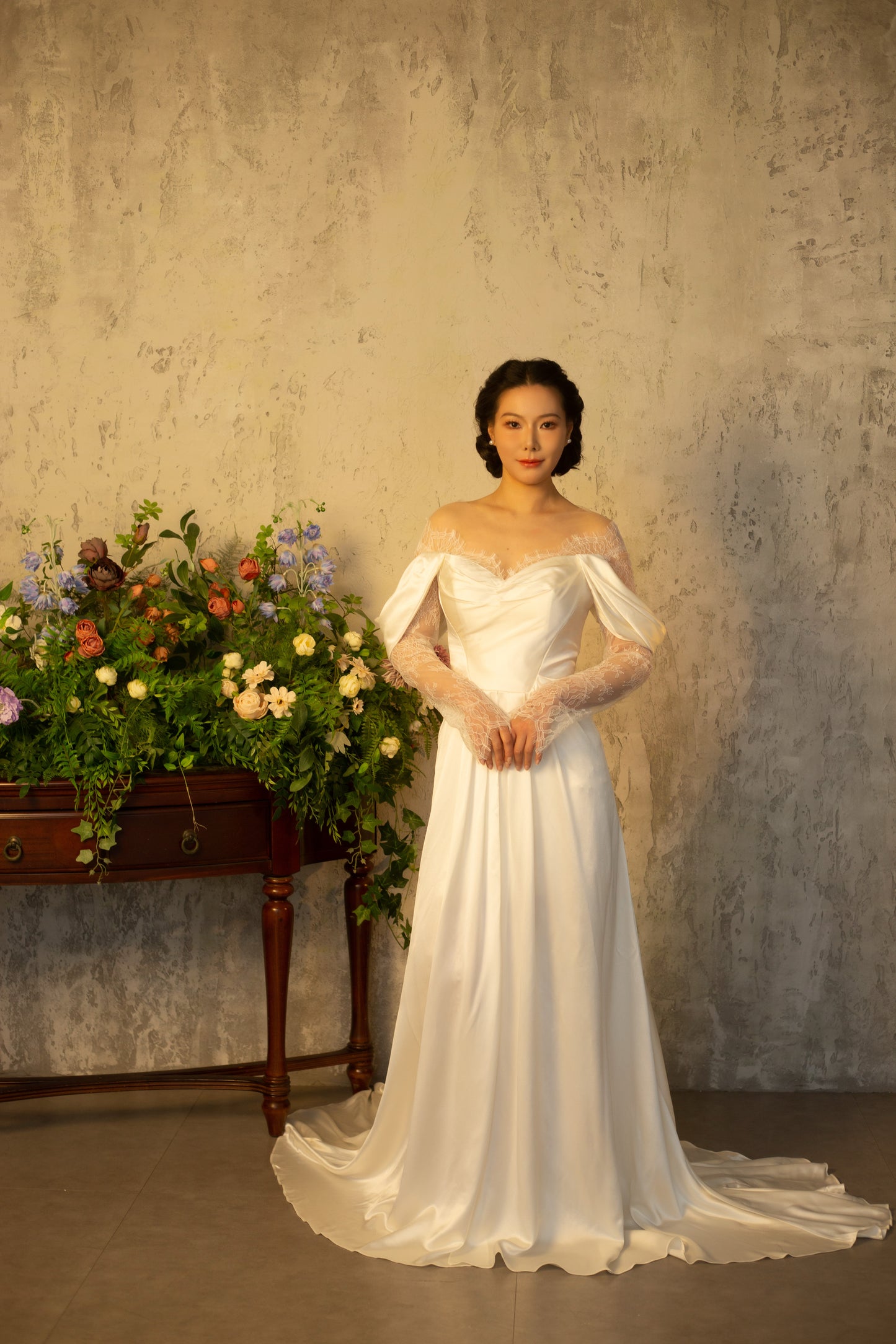 Maria | Minimalist Off the Shoulder Ivory Satin Wedding Dress