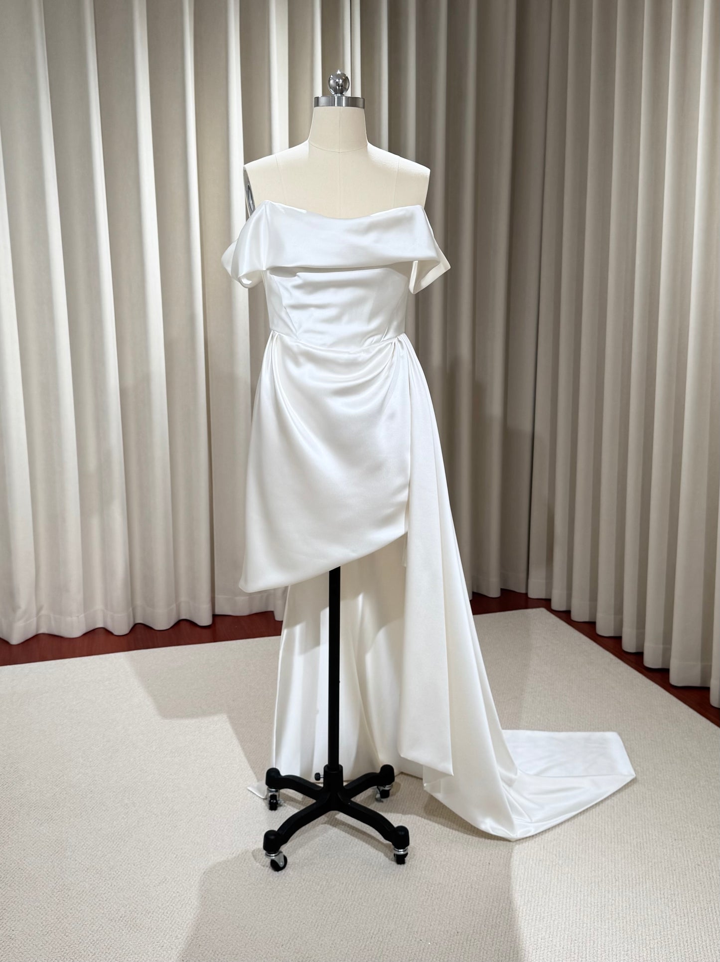 Stella | Minimalist Off the Shoulder High Low Satin Wedding Prom Dress, Custom Simple Elegant Gown Courthouse Civil Wedding Reception Elopement Dress