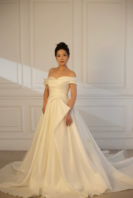 Anastasia | Off-the-shoulder satin corset drop waist wedding dress, unique minimalist A-line bridal dress, custom simple & classic Ivory ball gown