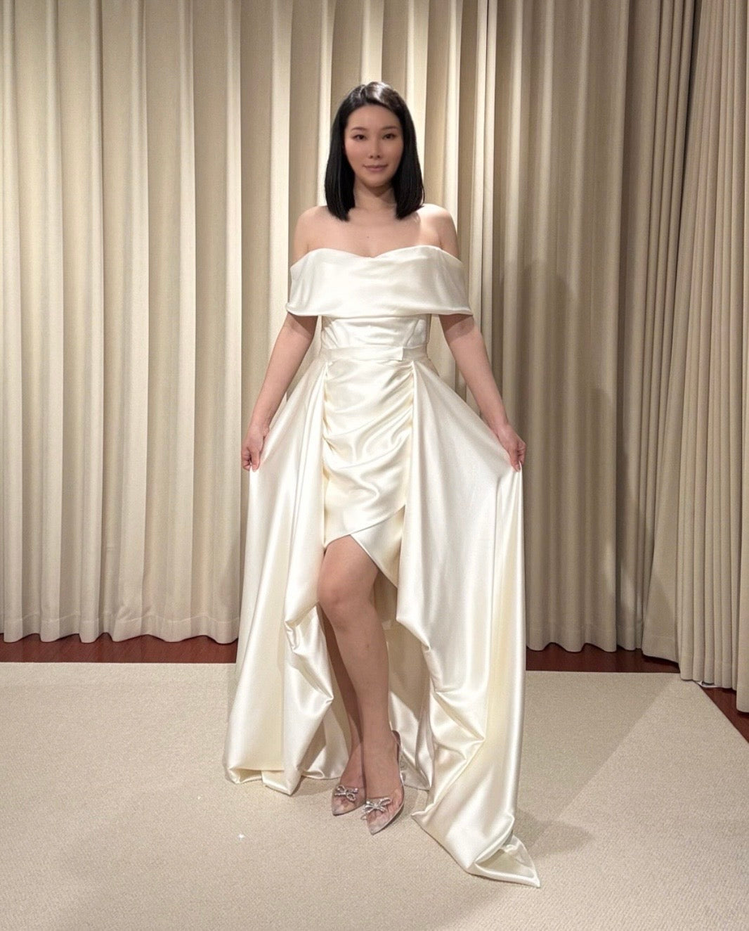Alex | Minimalist Off the Shoulder Satin Wedding Prom Dress w Detachable Train, Custom Simple Courthouse Civil Wedding Reception Elopement Dress