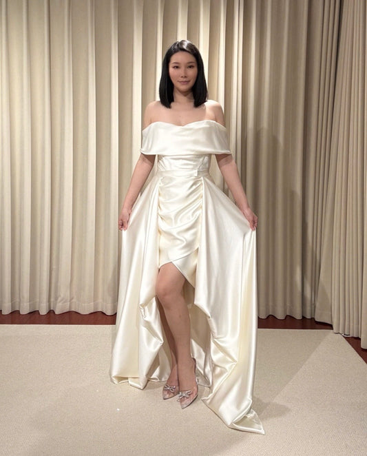 Alex | Minimalist Off the Shoulder Satin Wedding Prom Dress w Detachable Train, Custom Simple Courthouse Civil Wedding Reception Elopement Dress