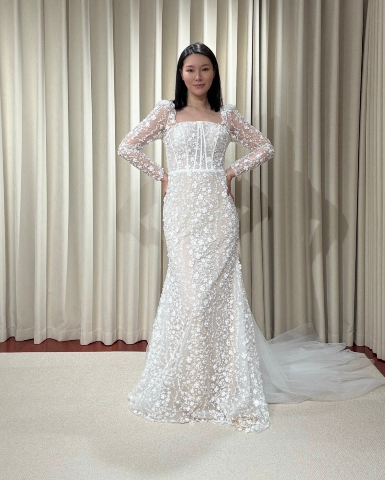 Jessica | Long sleeve corset mermaid wedding dress with 3D flowers, custom unique courthouse wedding dress, fairy elopement reception dress for bride