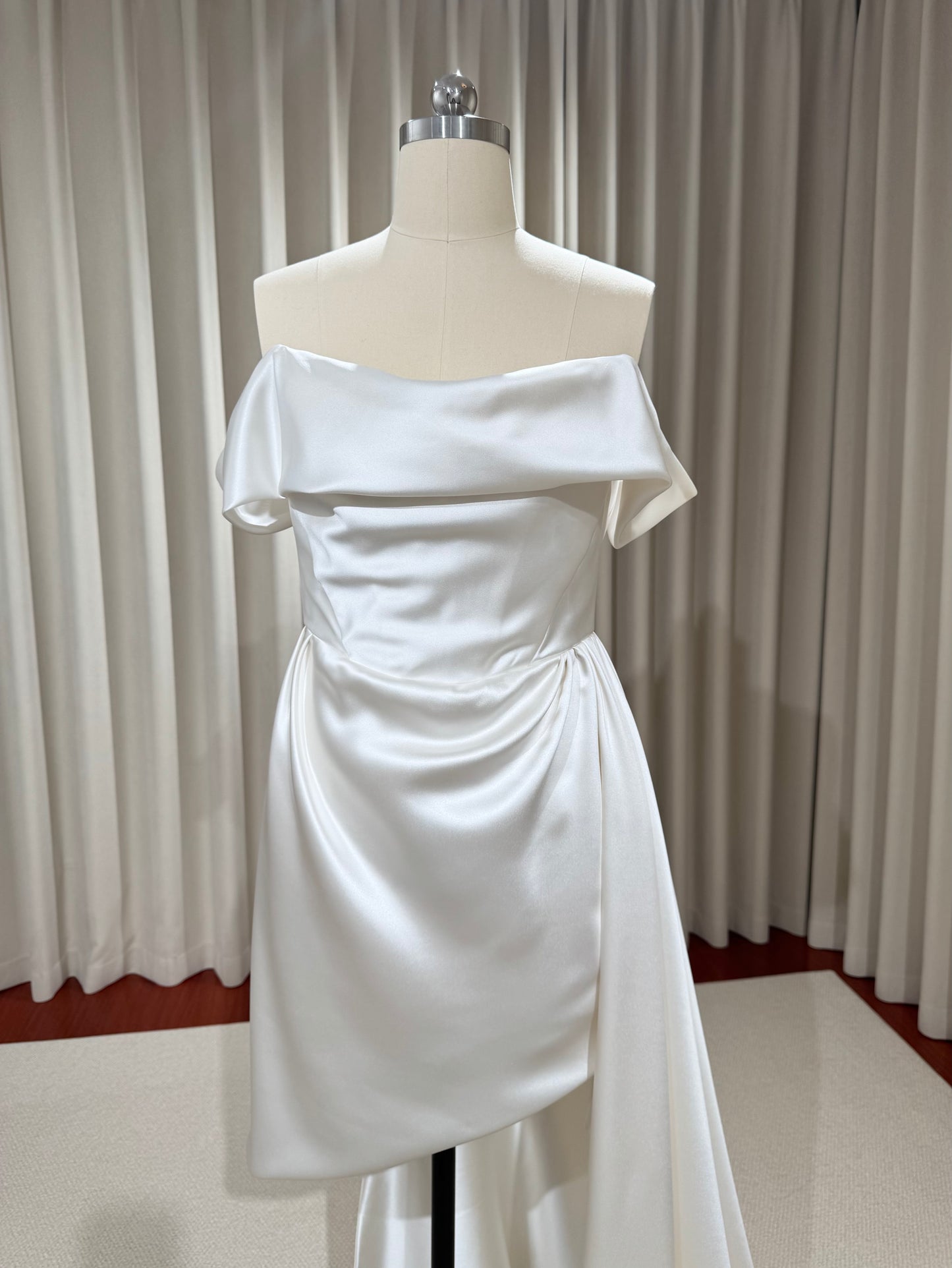 Stella | Minimalist Off the Shoulder High Low Satin Wedding Prom Dress, Custom Simple Elegant Gown Courthouse Civil Wedding Reception Elopement Dress