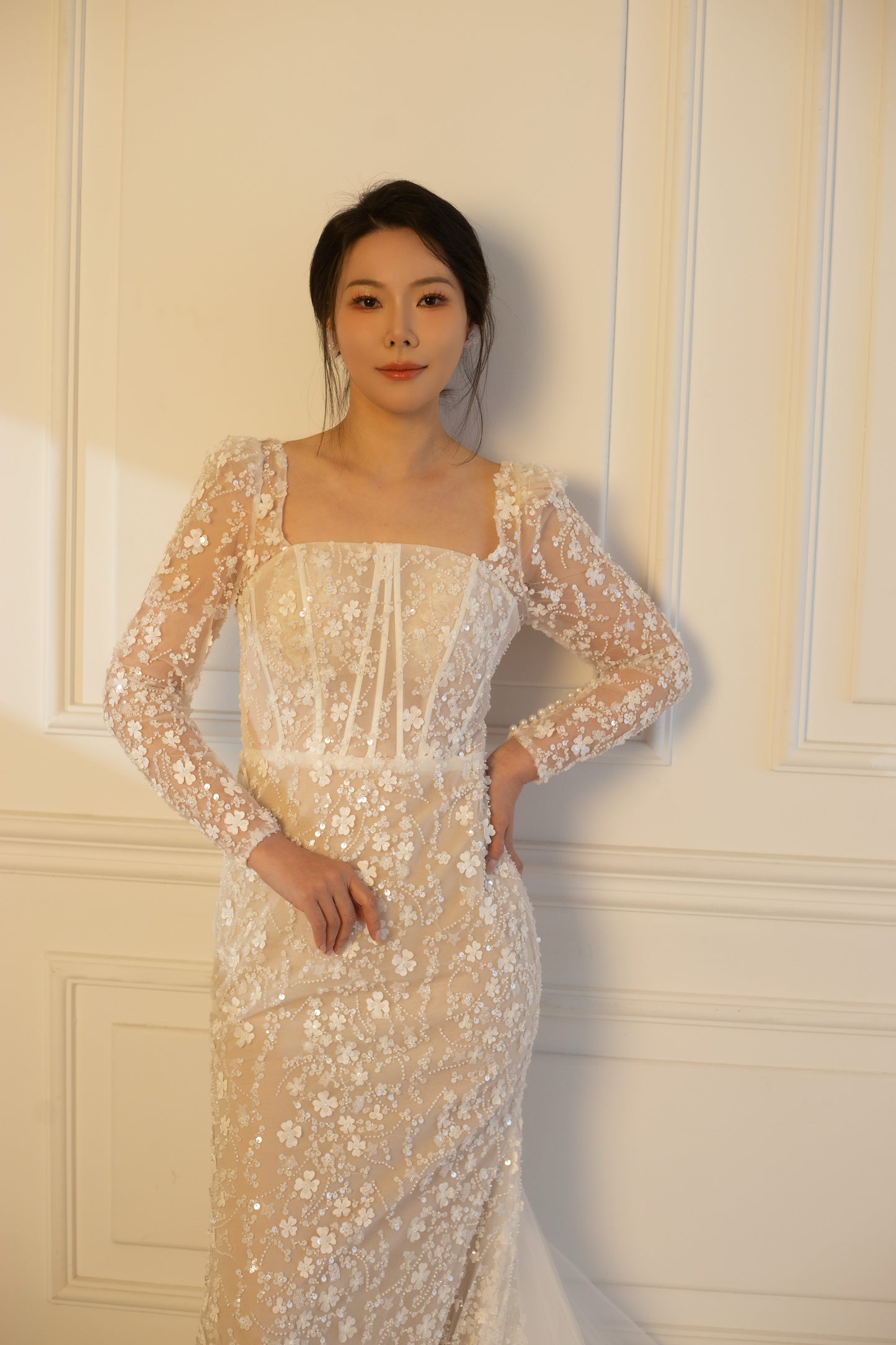Jessica | Long Sleeve Corset Mermaid Wedding Dress with 3D Flowers