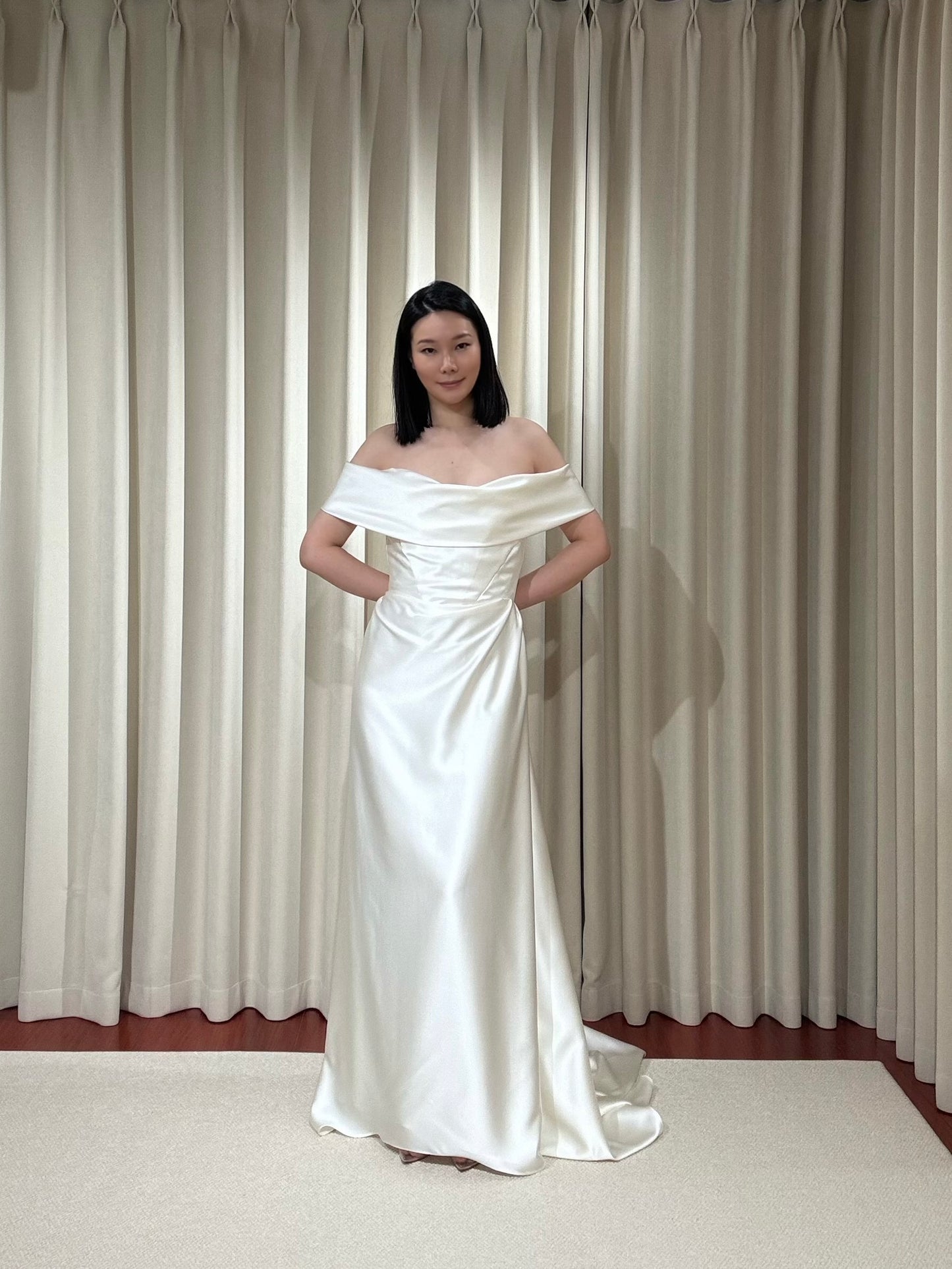 Coco | Off the Shoulder Ivory Satin Wedding Dress