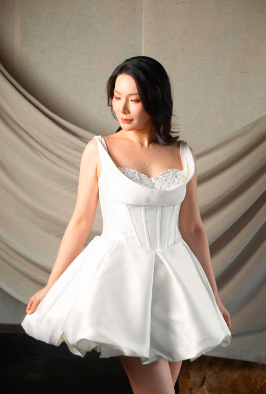 Nicola | Minimalist Mikado satin short wedding prom dress, Rehearsal dinner simple mini dress, Custom Elopement Dress, Bridal shower Engagement dress