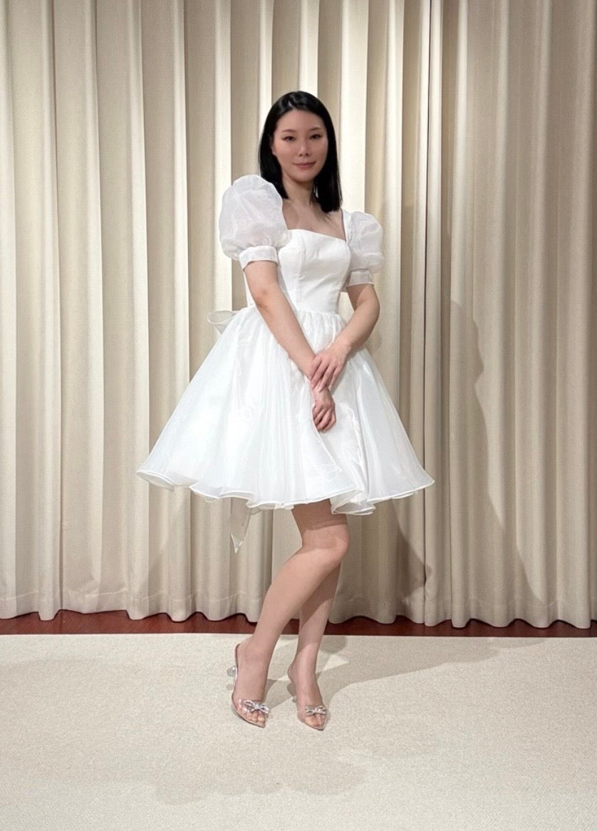 Daisy | Puff Short Sleeve Fairy Organza Mini Wedding Reception Dress, Custom Courthouse Civil Elopement Dress, Rehearsal Dinner Bridal Shower Engagement Gown