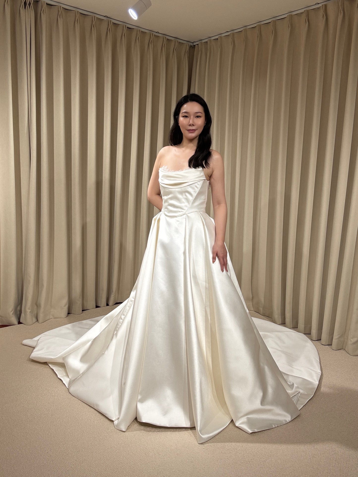 Joanna | Satin Corset Basque Waist Ball Gown Wedding Dress with Detachable Lace Long Sleeves