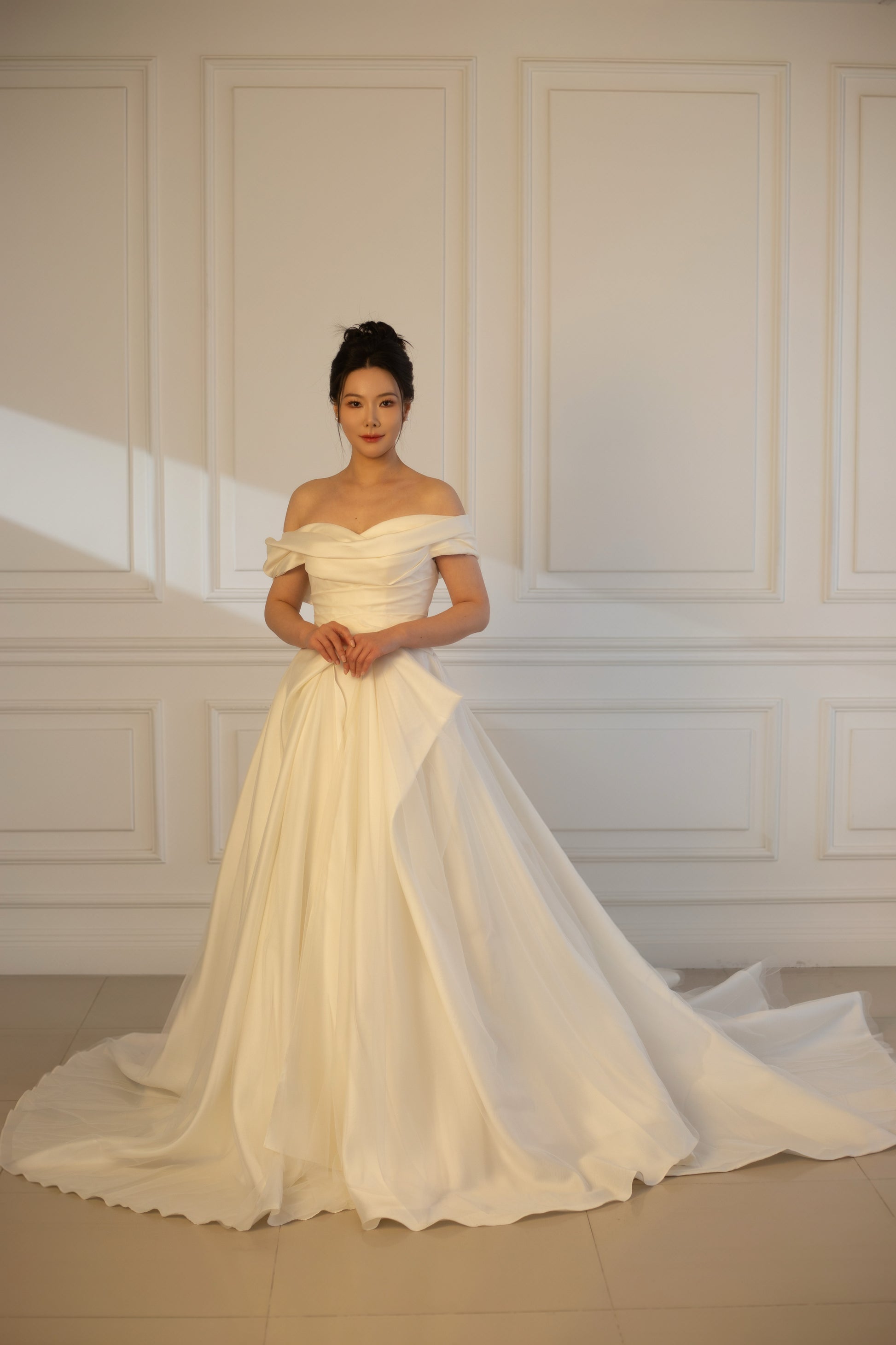 Anastasia | Off the Shoulder Satin Corset Drop Waist Wedding Dress