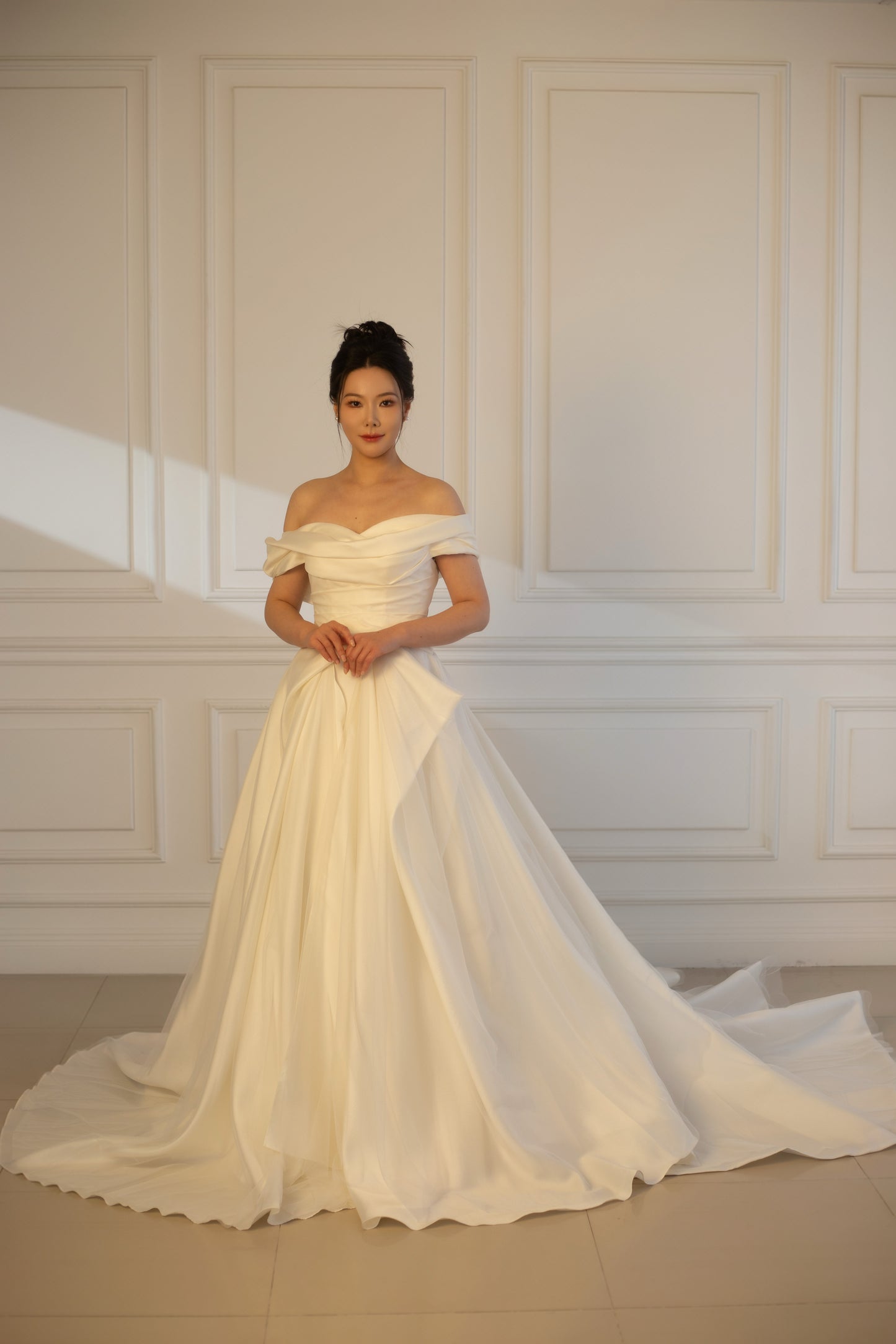 Anastasia | Off the Shoulder Satin Corset Drop Waist Wedding Dress