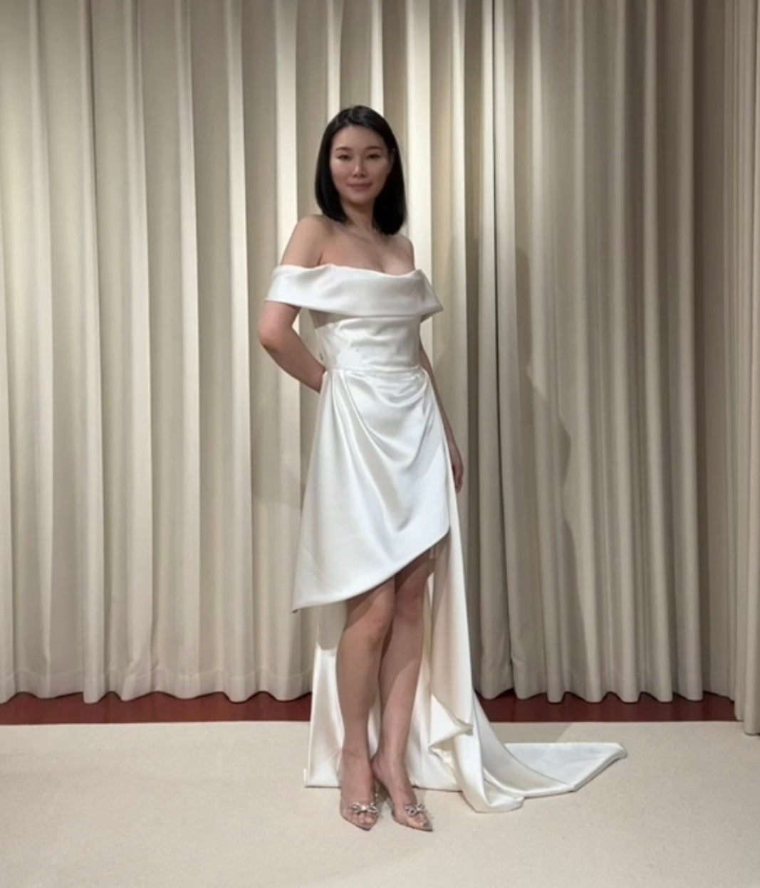 Stella | Minimalist Off the Shoulder High Low Satin Wedding Prom Dress, Custom Simple Elegant Gown Courthouse Civil Wedding Reception Elopement Dress