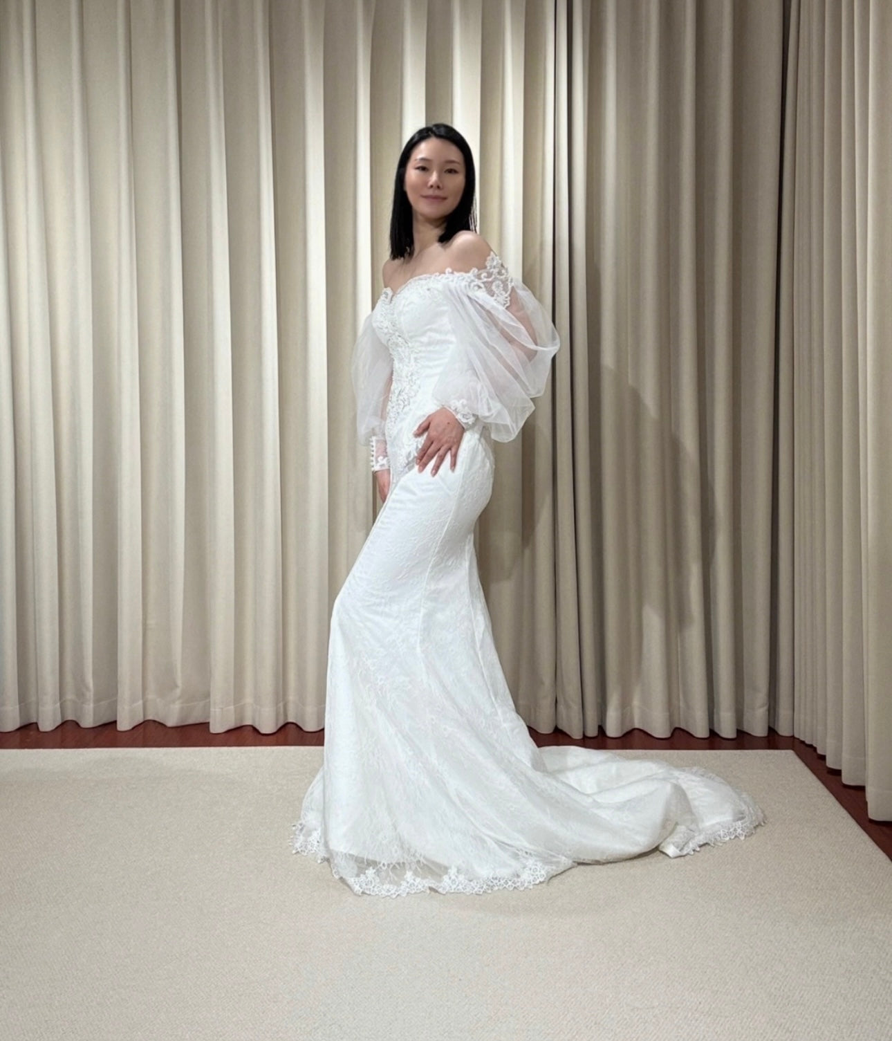 Nova | Long Sleeve Off the Shoulder Lace Mermaid Wedding Dress with detachable Train, Custom Unique Courthouse wedding elope dress, reception dress