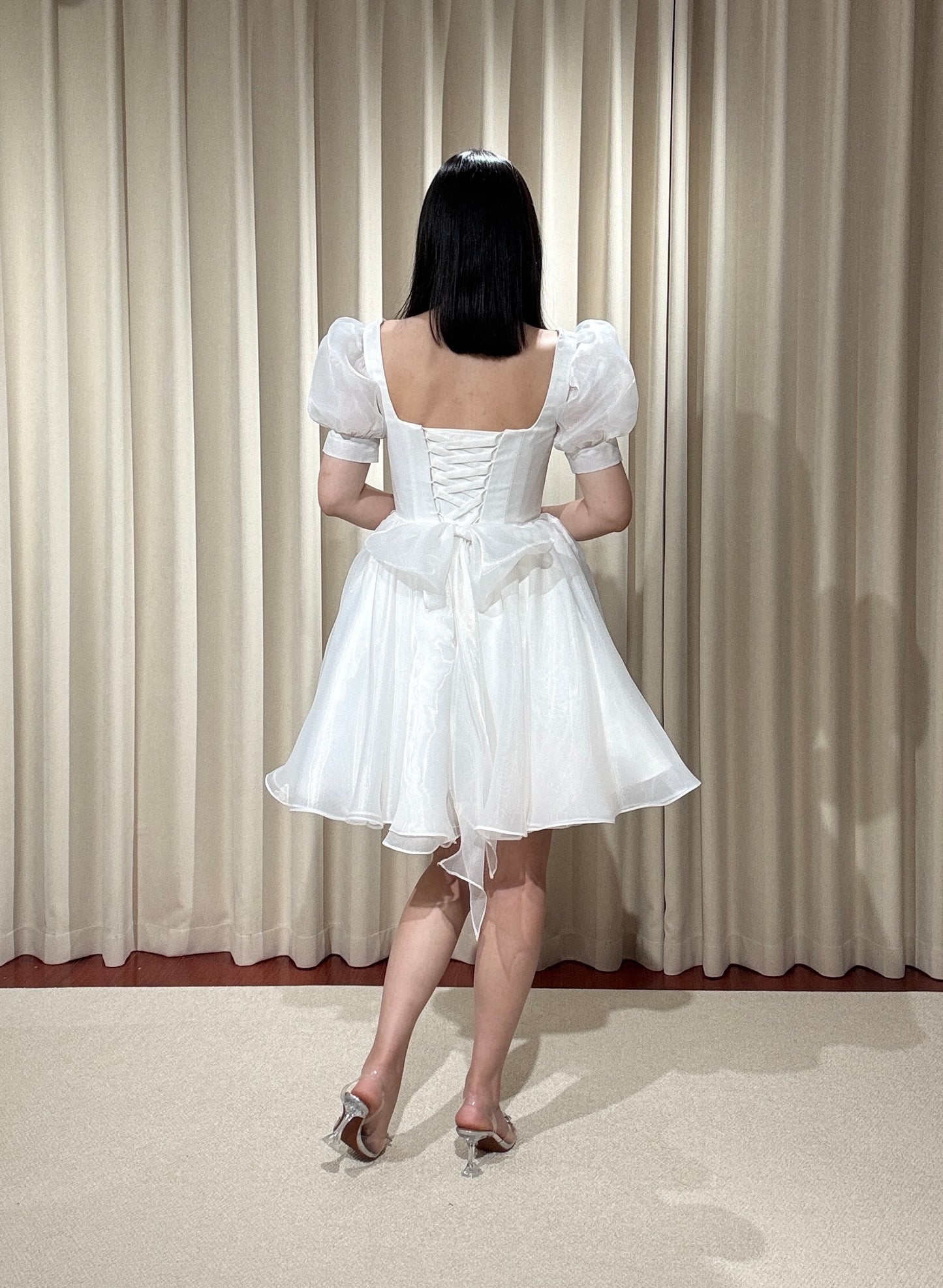 Daisy | Puff Short Sleeve Fairy Organza Mini Wedding Reception Dress, Custom Courthouse Civil Elopement Dress, Rehearsal Dinner Bridal Shower Engagement Gown