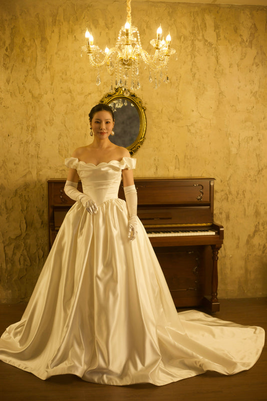 Bianca | Off the Shoulder Basque Waist Unique Satin Ball Gown Wedding Dress
