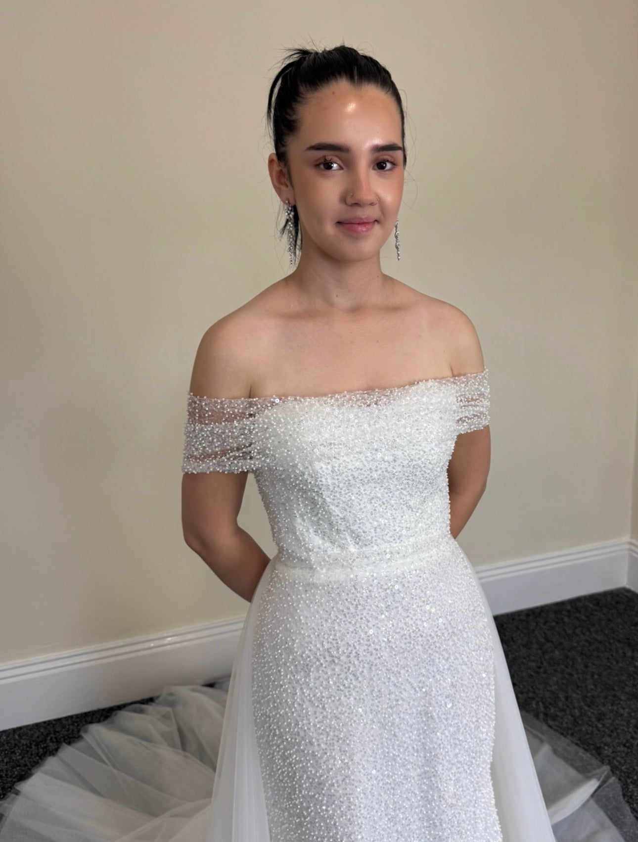 Gloria | Off the Shoulder Long Sleeve Corset Mermaid Wedding Bridal Dress with Detachable Train, Custom sparkling reception dress, courthouse wedding