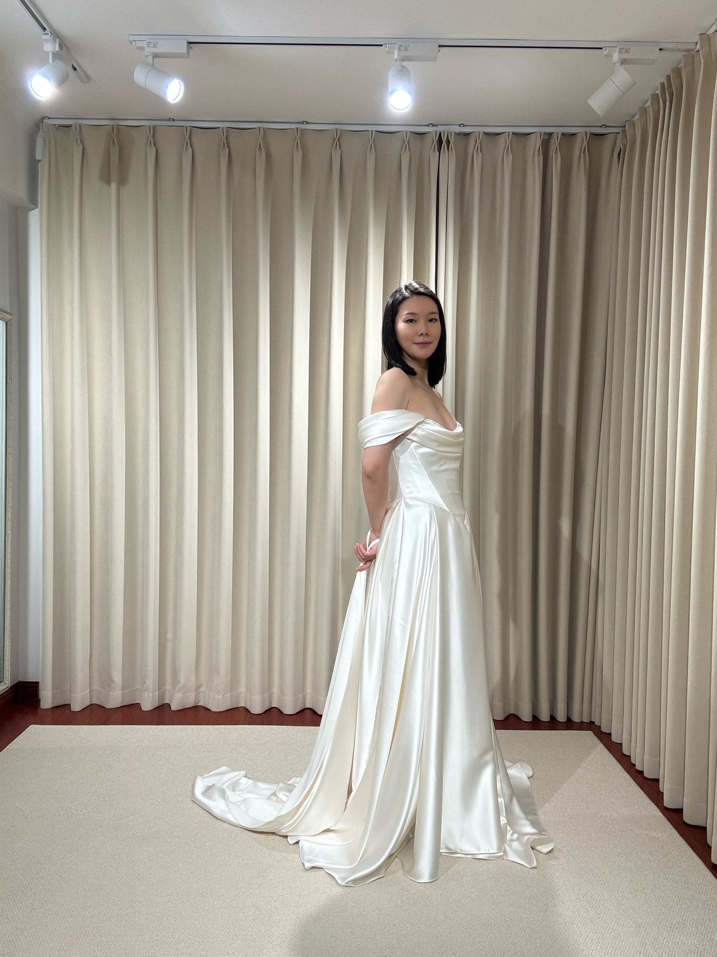 Adrea | Off the Shoulder Satin Corset Basque Waist Ball Gown Wedding Dress