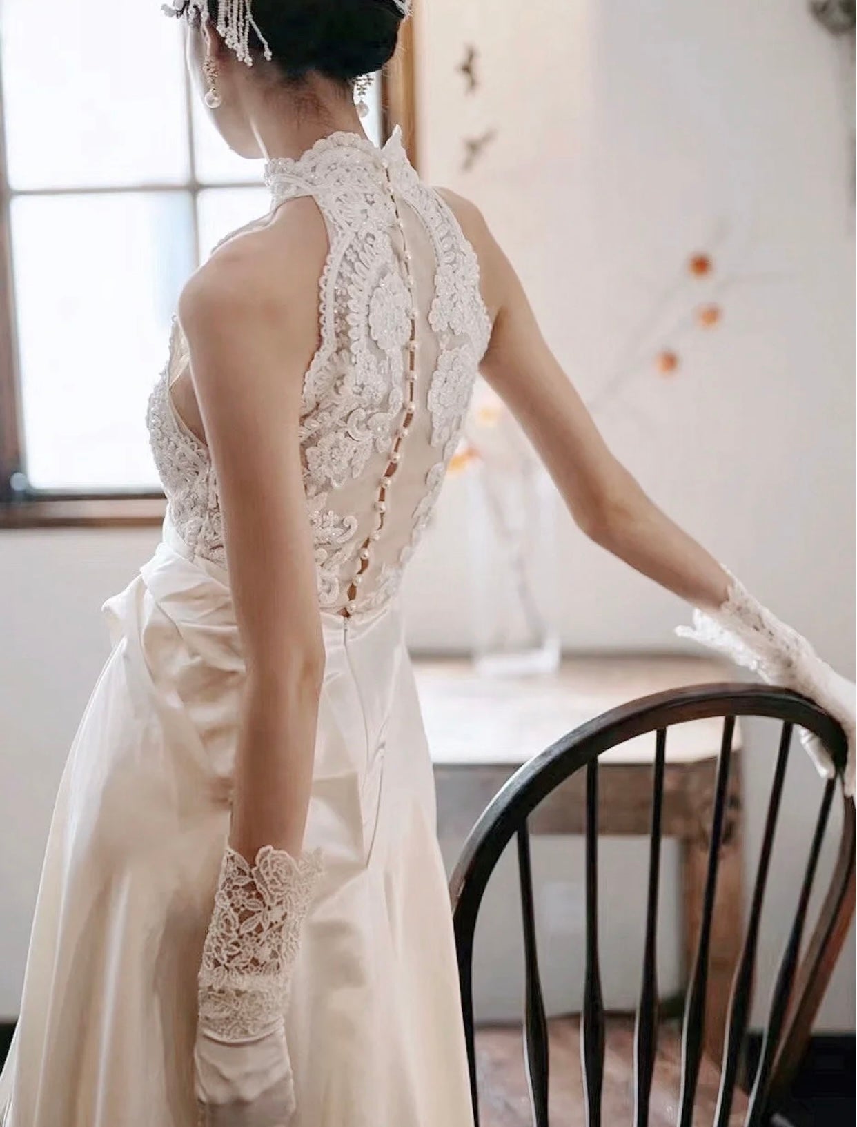 Vintage Style Halter Neck Satin Lace Modest Wedding Bridal Dress, Unique Custom Reception Elopement Gown for Courthouse Civil Wedding