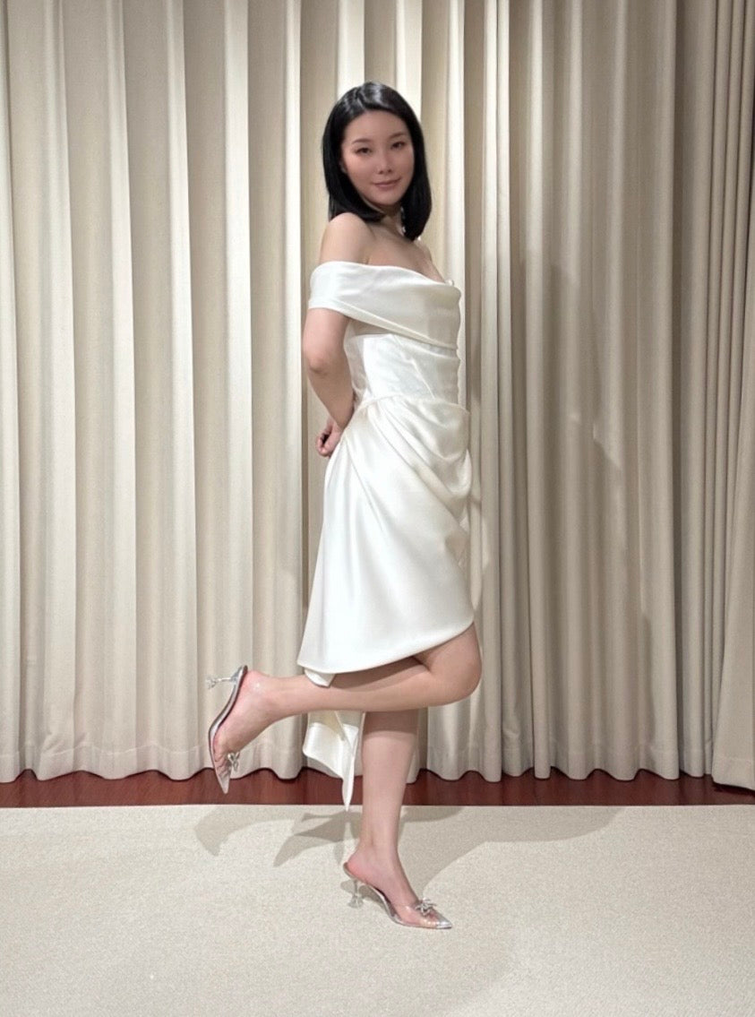 Alex | Minimalist Off the Shoulder Satin Wedding Prom Dress w Detachable Train, Custom Simple Courthouse Civil Wedding Reception Elopement Dress
