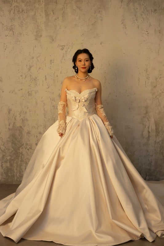 Victoria | Detachable Lace Long Sleeve Satin Corset Ball Gown Wedding Dress