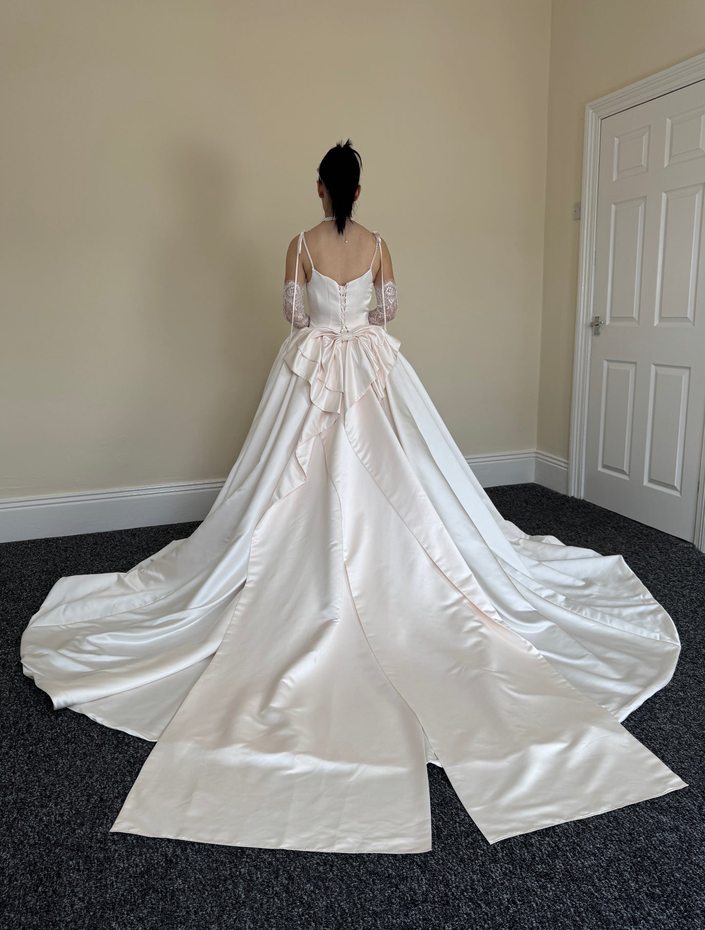 Lilibet | Blush Satin Ball Gown Wedding Dress with Detachable Bow