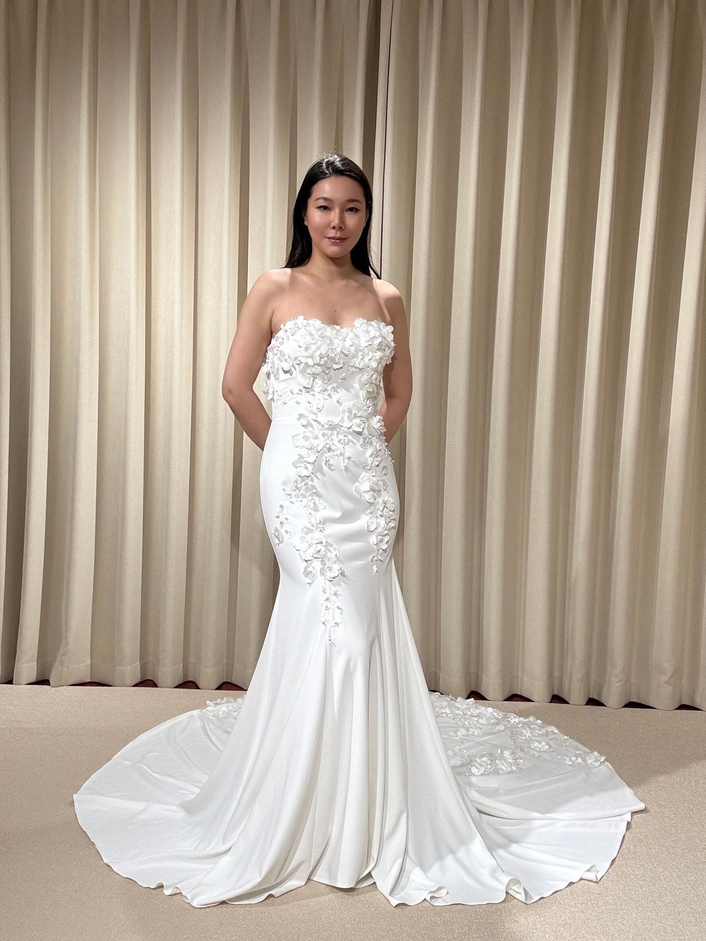 Kelsey | Off the Shoulder Satin Mermaid Wedding Dress with Detached Long Sleeves