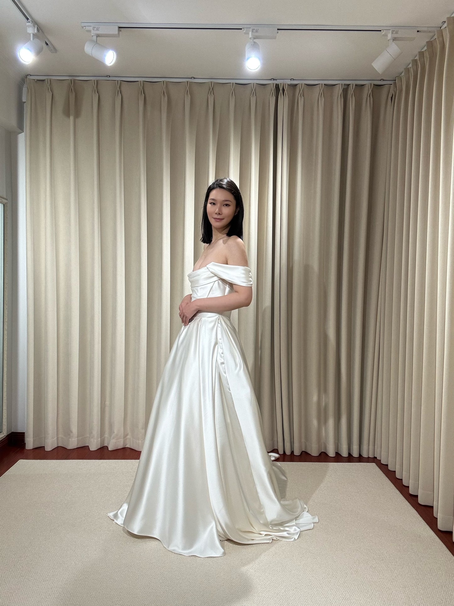 Adrea | Off the Shoulder Satin Corset Basque Waist Ball Gown Wedding Dress