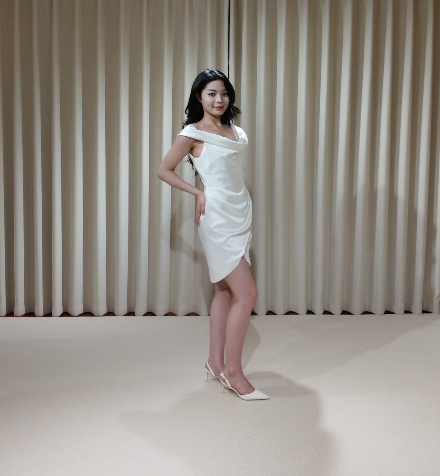 Anna | Minimalist Off the Shoulder Satin Short Wedding Prom Dress, Custom Simple Courthouse Civil Wedding Reception Elopement Dress
