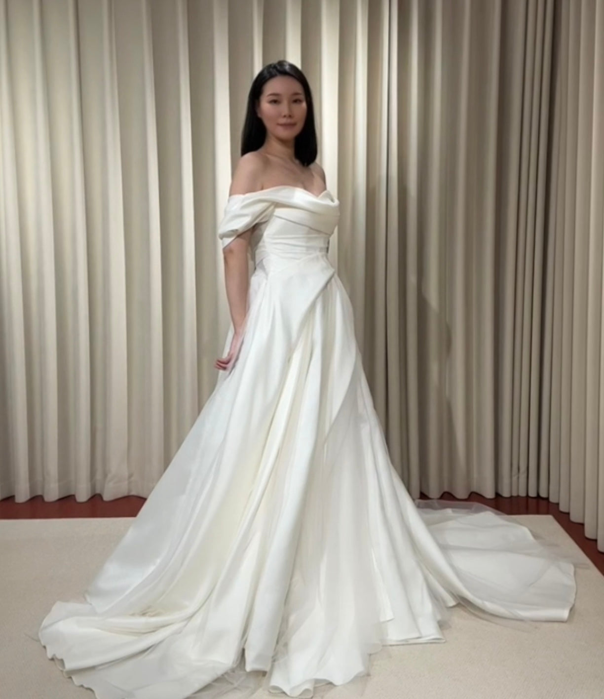 Anastasia | Off-the-shoulder satin corset drop waist wedding dress, unique minimalist A-line bridal dress, custom simple & classic Ivory ball gown