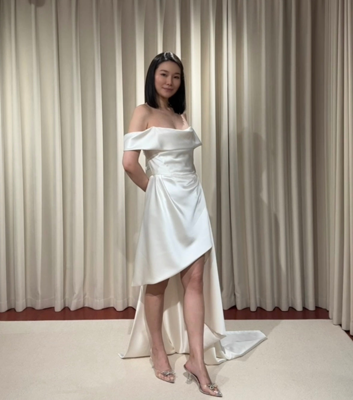 Stella | Minimalist Off the Shoulder High Low Satin Wedding Prom Dress, Custom Simple Elegant Gown Courthouse Civil Wedding Reception Elopement Dress