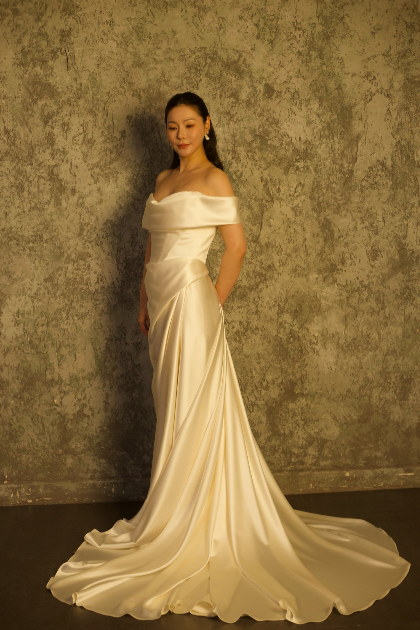 Luna | Off Shoulder Satin Corset Wedding Dress with Slit
