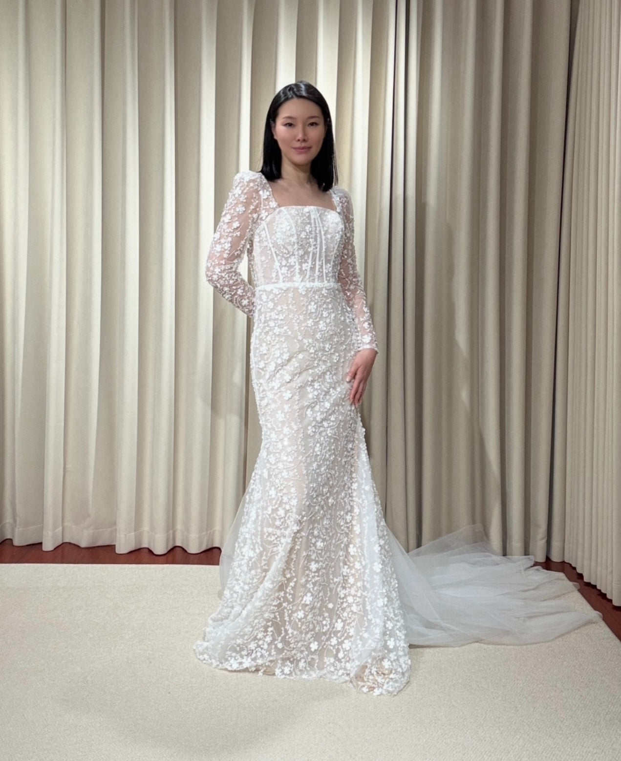 Jessica | Long sleeve corset mermaid wedding dress with 3D flowers, custom unique courthouse wedding dress, fairy elopement reception dress for bride