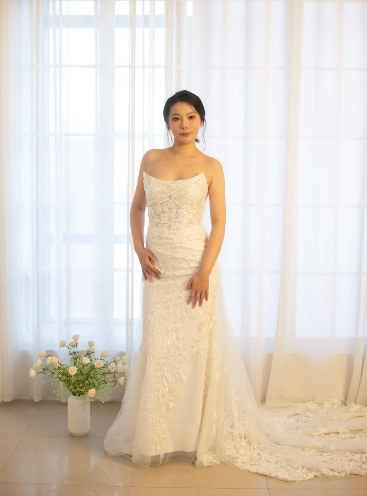 Athena | Minimalist Floral Corset Mermaid Wedding Prom Dress, Custom Simple Romantic Courthouse Civil Reception Dress Casual Elopement Rehearsal Gown