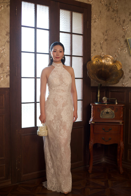 Mia | Halter Neck Lace Corset Mermaid Wedding Dress with Open Back