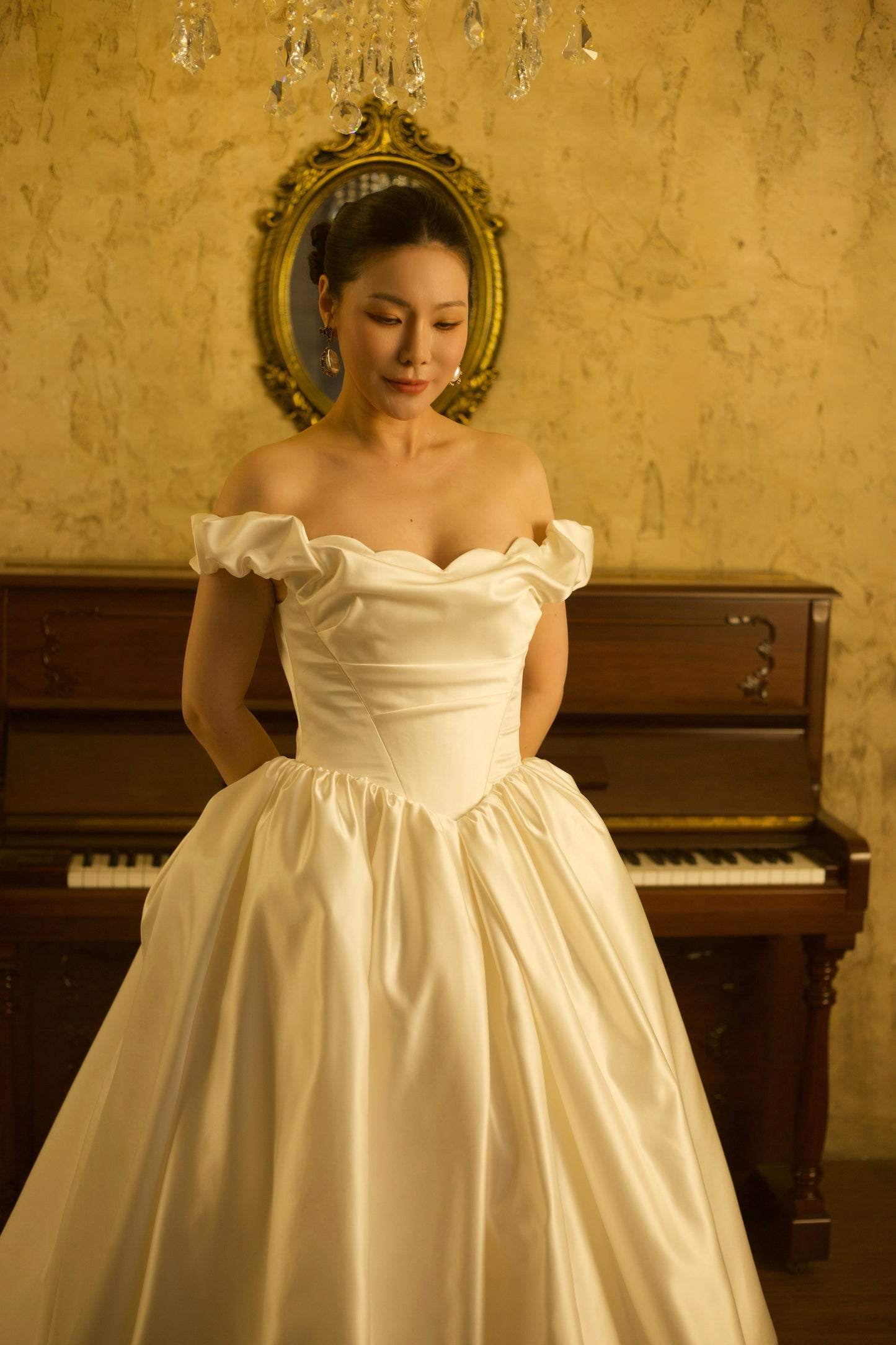 Bianca | Off the Shoulder Basque Waist Unique Satin Ball Gown Wedding Dress