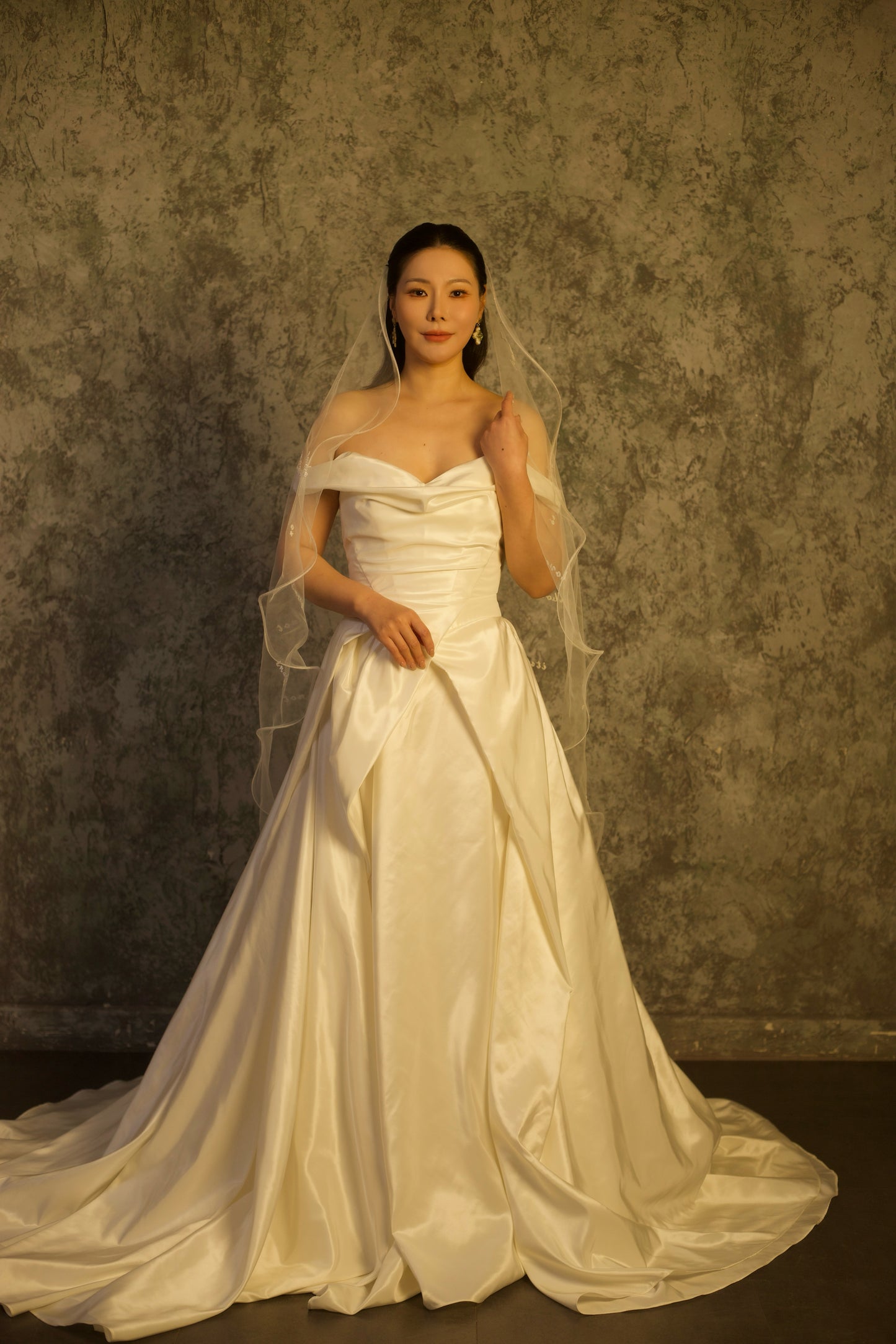 Jordan | Off the Shoulder Taffeta Wedding Dress with a Slit