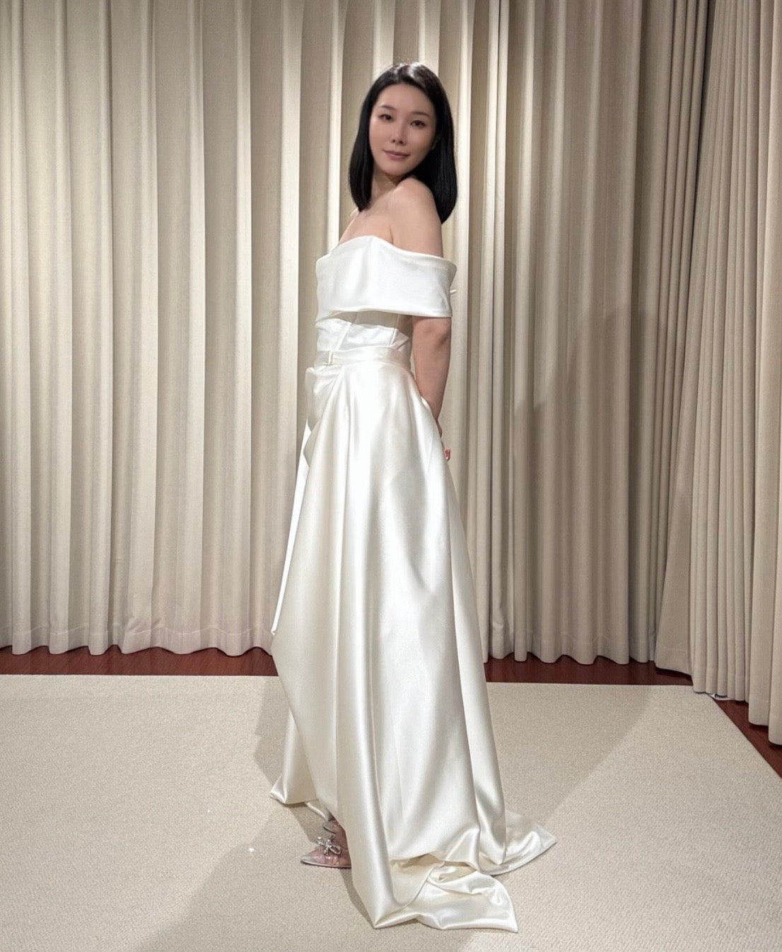 Alex | Minimalist Off the Shoulder Satin Wedding Prom Dress w Detachable Train, Custom Simple Courthouse Civil Wedding Reception Elopement Dress