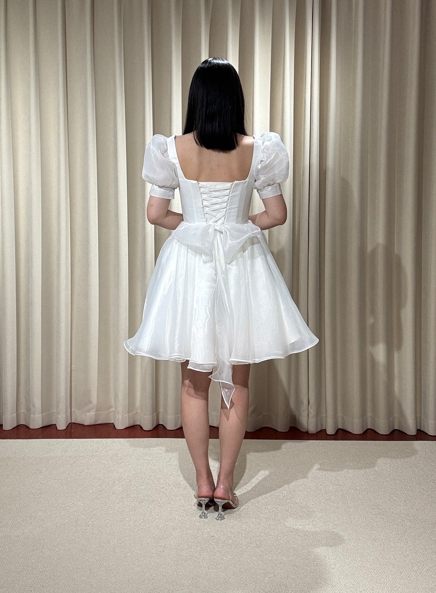 Daisy | Puff Short Sleeve Fairy Organza Mini Wedding Reception Dress, Custom Courthouse Civil Elopement Dress, Rehearsal Dinner Bridal Shower Engagement Gown