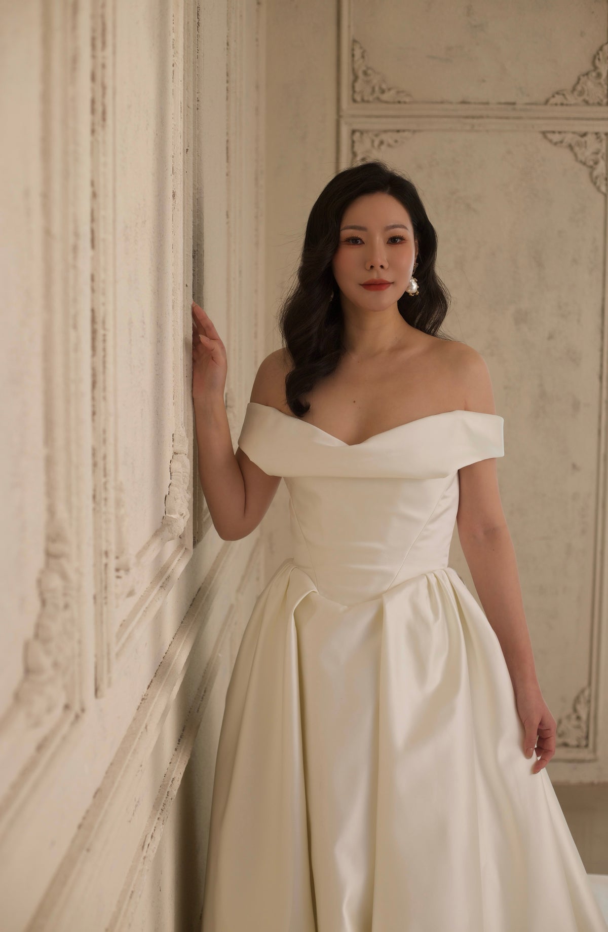 Aurelia | Off Shoulder Basque Waist Unique Satin Ball Gown Wedding Dress