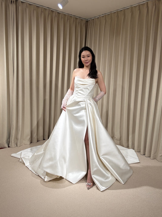 Joanna | Satin Corset Basque Waist Ball Gown Wedding Dress with Detachable Lace Long Sleeves