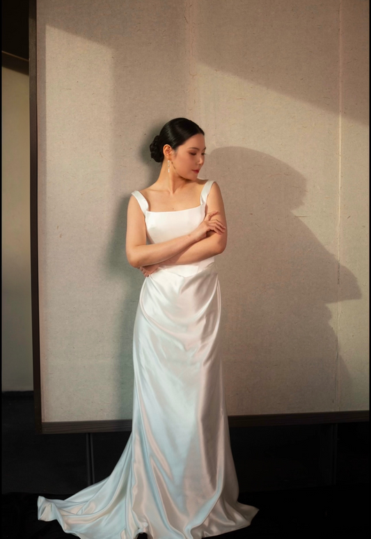 Barbara | Minimalist Square Neck Satin Corset Wedding Bridal Dress, Custom Simple Modest Reception Elopement Dress for Courthouse Civil Wedding