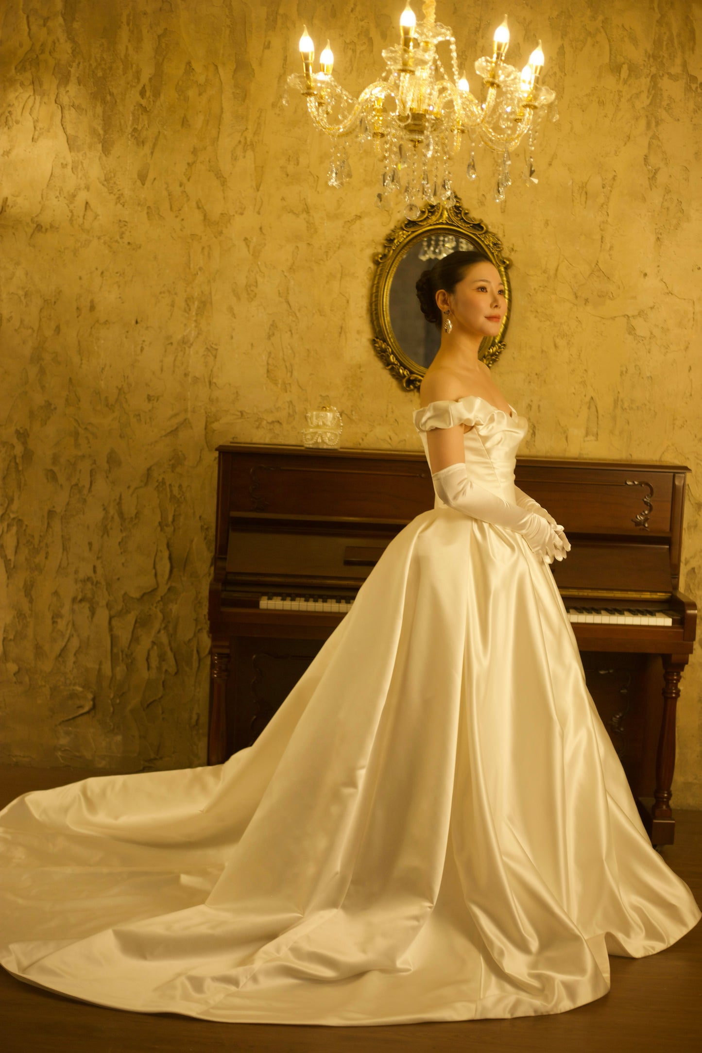 Bianca | Off the Shoulder Basque Waist Unique Satin Ball Gown Wedding Dress