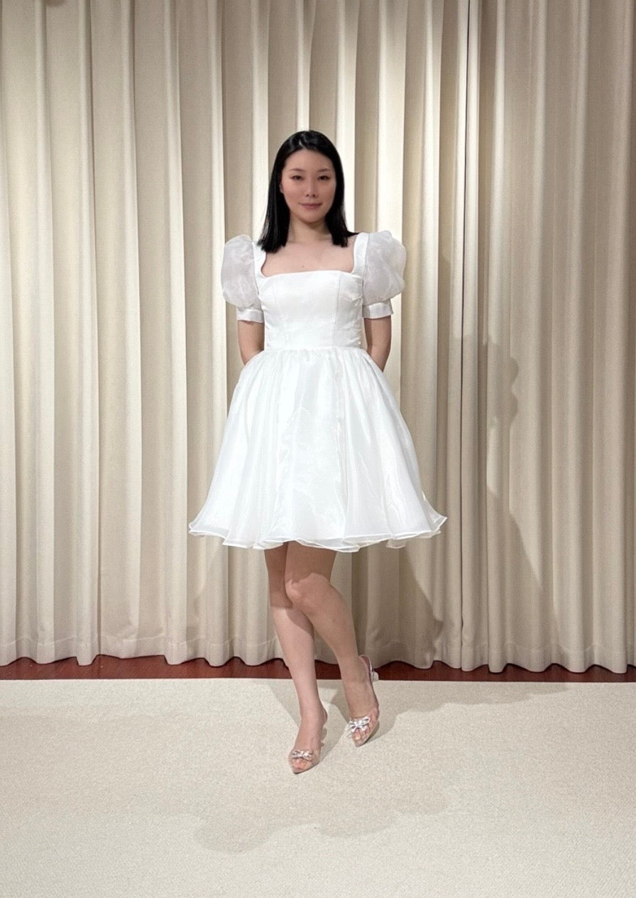 Daisy | Puff Short Sleeve Fairy Organza Mini Wedding Reception Dress, Custom Courthouse Civil Elopement Dress, Rehearsal Dinner Bridal Shower Engagement Gown