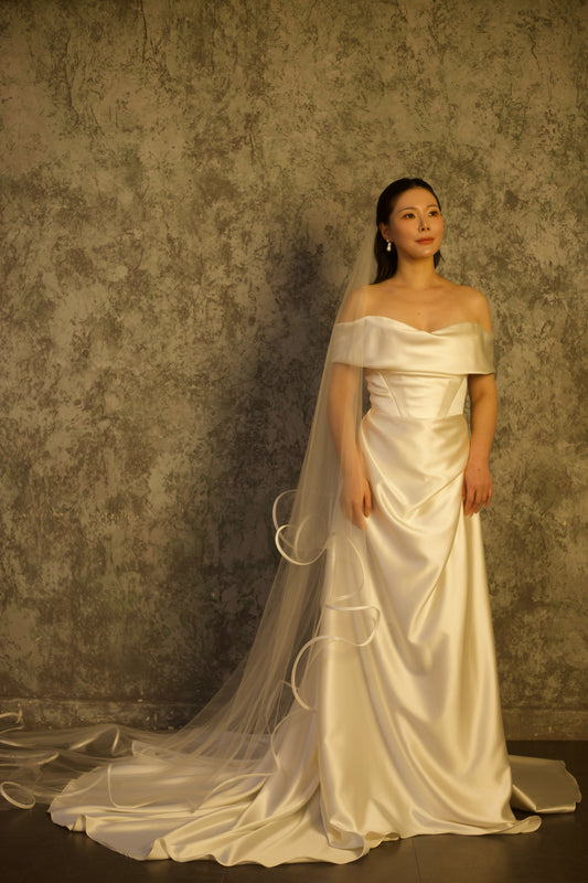 Luna | Off Shoulder Satin Corset Wedding Dress with Slit